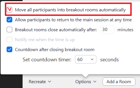 Zoom move all participants into breakout rooms automatically option